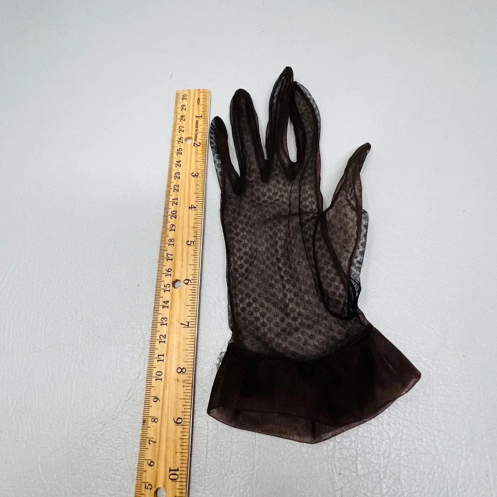 Vintage Womens Brown Sheer Mesh Polka Dot Ruffle Cuff Formal Dress Gloves